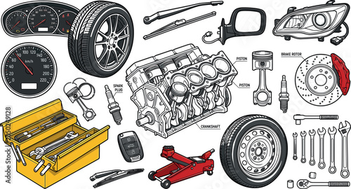 Foto Car Parts and Auto Repair Vector Illustration Set with Engine Block Mechanic Too