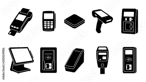 Silhouette collection of portable POS terminals, keypad card readers, barcode scanner, payment display, and handheld transaction devices