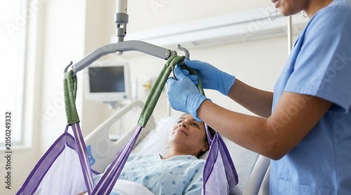 A healthcare professional in blue scrubs and gloves adjusts a patient lift sling over a patient lying in a hospital bed, with medical equipment visible in the background.