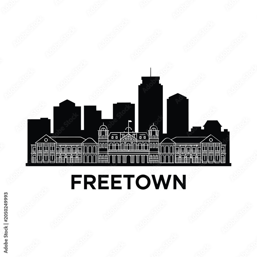 Obraz premium City skyline silhouette against white background featuring architectural details