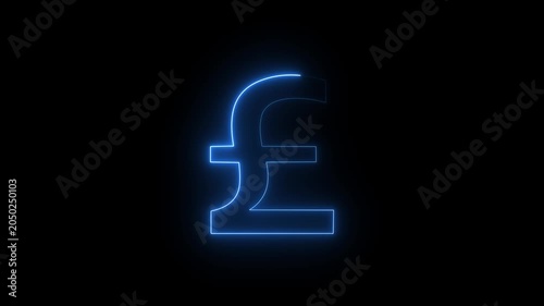 Glowing blue neon pound sign currency icon on black background animation.