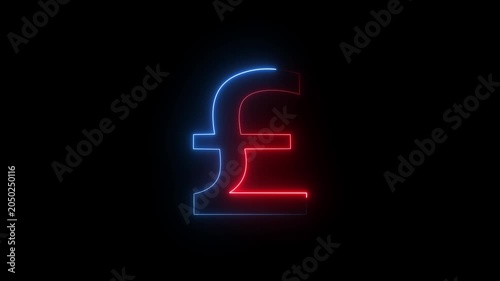 Glowing red and blue neon pound sign currency icon on black background animation.