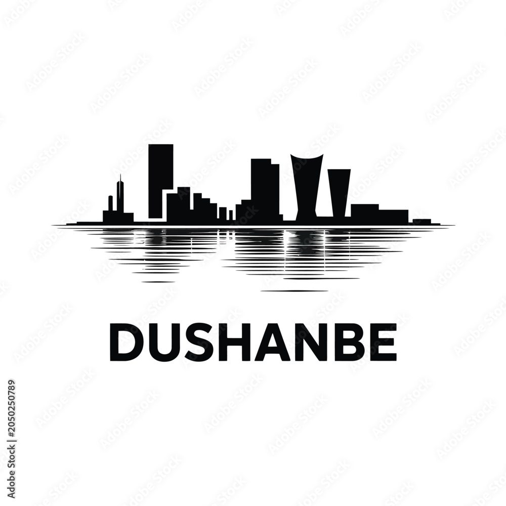 Fototapeta premium Dushanbe Skyline Silhouette Against Water Reflection On White Background