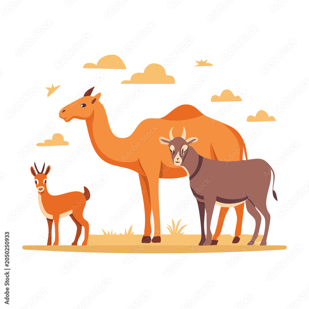 Obraz premium Camel, Goat, and Gazelle in Desert Landscape