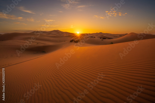 Golden sunset over the sand dunes of the Sahara Desert in Morocco. Dramatic desert landscape with rippled sand, warm sunlight and endless wilderness.