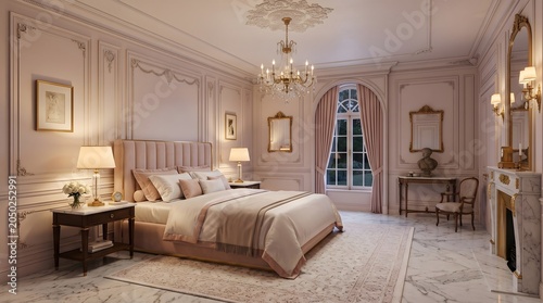 Luxurious classic bedroom interior with elegant pink decor, marble floors, ornate molding, and crystal chandelier in a sophisticated french style setting