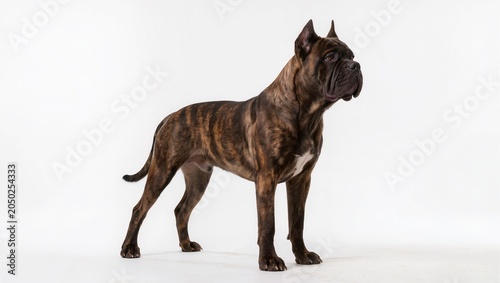 Isolated brindle Perro de Presa Canario dog standing full body side view on a white studio background