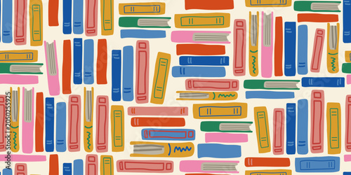 Seamless colorful book stack pattern with bright piles of books on a soft sandy beige background, cozy educational repeat design for libraries, schools, reading clubs, book lovers, fabric, wallpaper