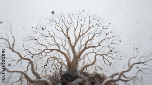 Macro mycelium branching patterns on white background with copy space for sustainable bio-material innovation