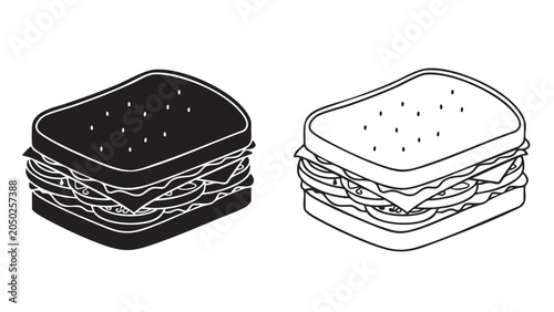 sandwich with lettuce and meat in black and white illustrati