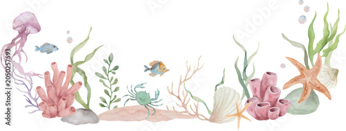 Watercolor underwater life border, marine collection wreath with jellyfish, crab, sea anemone, corals and starfish, ocean reef summer design clipart. Vector EPS.