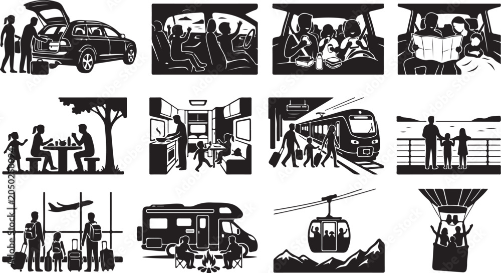 Fototapeta premium Set of icons representing family travel and vacation activities, including car trips, camping, train travel, and flying
