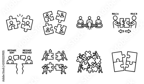 Tableau sur toile Team Misalignment Outline Icon Set with Puzzle Piece Workplace Conflict Symbols