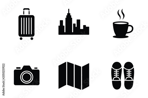 Travel tourism vacation and sightseeing icons vector set with vacation, sightseeing