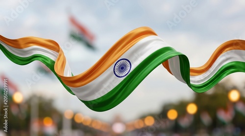 Indian flag waving with Ashoka Chakra design on abstract background