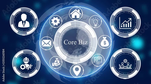 Digital interface with core biz text surrounded by circular business and a glowing globe background in shades of blue and white light