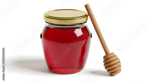 A jar of red honey with a wooden dipper