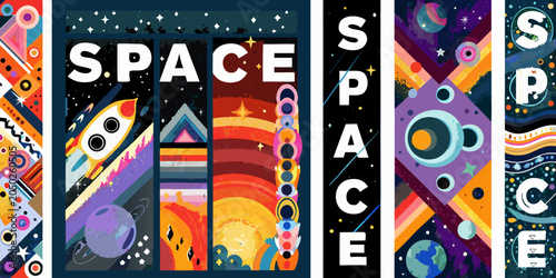 Schilderij op canvas Space Exploration Posters Retro styled Vector Illustration Collection