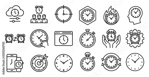 Set of time and clock thin line icons vector illustration with schedule deadline management stopwatch calendar collection business planning