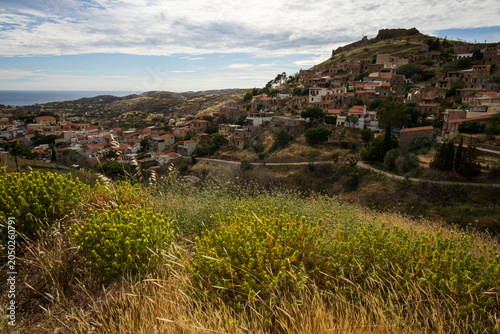 Panoramic view of Volissos town and the historic Byzantine fortress in Chios.