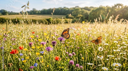 Orange butterfly flying over colorful wildflowers in a meadow