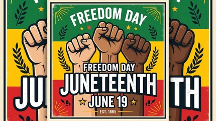Juneteenth Freedom Day poster with raised fists, African American emancipation celebration banner, June 19 holiday graphic in pan-African colors