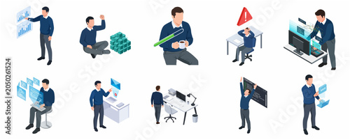 Isometric set of male programmer and data analyst character in various professional workflow situations including coding, data analysis, troubleshooting, and project completion