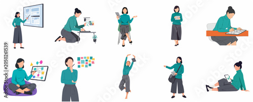 Collection of professional woman character illustrations for business, creative workflow, and technology concepts