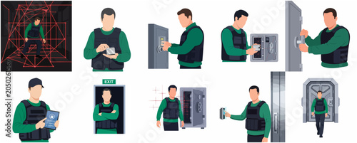 Φωτογραφία Set of flat vector illustrations featuring a man in tactical gear performing a heist, bypassing laser security, and breaking into a high-security vault