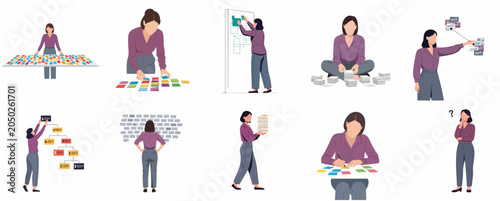Set of Professional Woman Character Illustrations Organizing Tasks, Managing Data, and Planning Projects with Sticky Notes