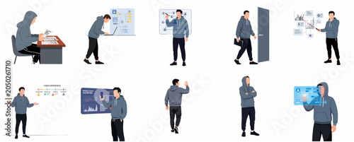 Collection of flat vector characters featuring a male tech professional in a grey hoodie performing various UI/UX design and data analysis tasks