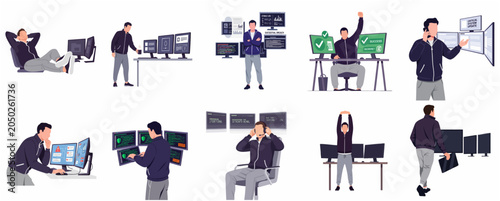 IT professional and programmer character set, male developer working with multiple monitors, coding, debugging, and celebrating success in a modern tech workspace.