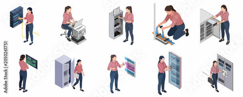 Isometric set of a female IT technician working in a data center with server racks and network equipment, performing maintenance, diagnostics, and monitoring tasks.