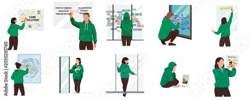 Set of flat vector illustrations of a young woman in a green hoodie brainstorming, writing business strategies on glass walls, and finding core solutions in a creative workspace.