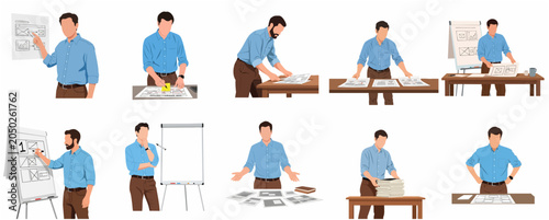 Professional designer and project manager character set working on storyboard, UI/UX design, and business presentations
