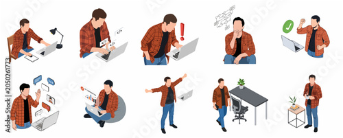 Isometric Vector Illustration Set of Male Software Developer Character in Various Coding and Work Scenarios