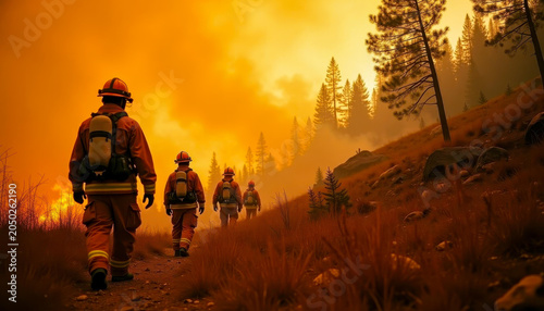 A group of firefighters walks across rough terrain toward a forest fire. Smoke billows in the background. The scene conveys the tension and danger of rescuers' work.
