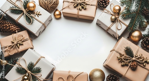 Christmas gift box ideas beautifully wrapped presents with gold ornaments and pinecones