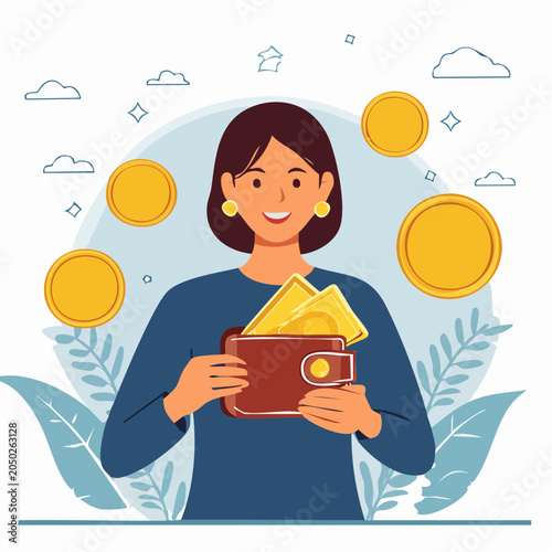 Woman Holding Wallet Full of Money and Coins