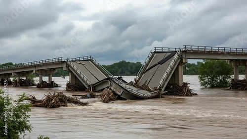 Collapsed bridge over a flooded river with debris and stormy skies