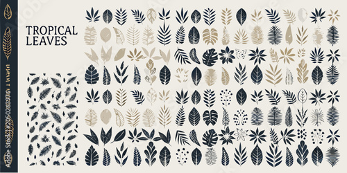 Tropical leaves silhouette collection beige background botanical illustration