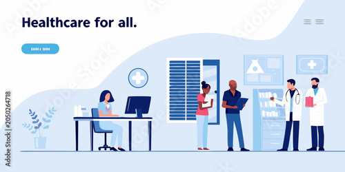 Foto Healthcare scene vector illustration with medical staff and office setting