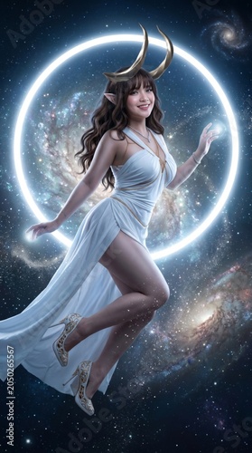 Celestial Goddess with Horns Floating in Cosmic Space Inside Glowing Neon Ring