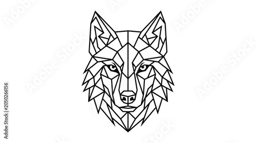 Minimalist black and white vector illustration of a geometric wolf head design with sharp lines