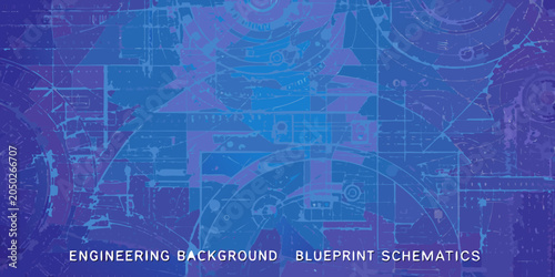 Fotografie Engineering blueprint schematics with overlapping technical drawings blue gradie