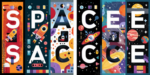 Fotografia Space Exploration Typography Retro styled Vector Illustration With Celestial Ele