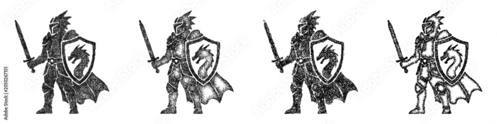 Fototapeta premium Sketch monochrome dragon knight icon design set