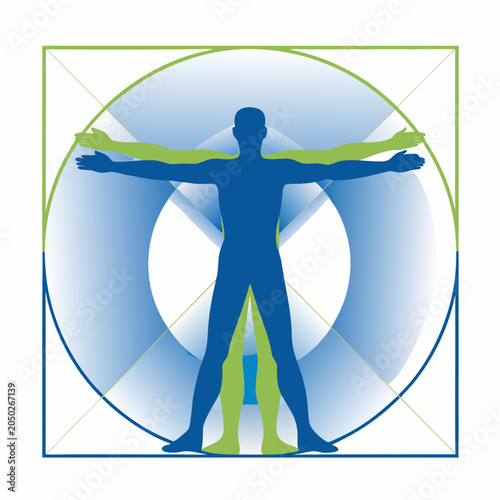 Tableau sur toile Vitruvian man illustration with geometric shapes and dual tone coloring