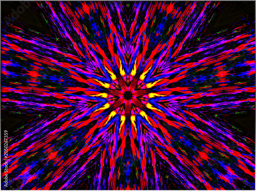 A mesmerizing burst of colors radiates from the center in a kaleidoscopic pattern. The vivid hues and symmetrical design create a dynamic visual impact.