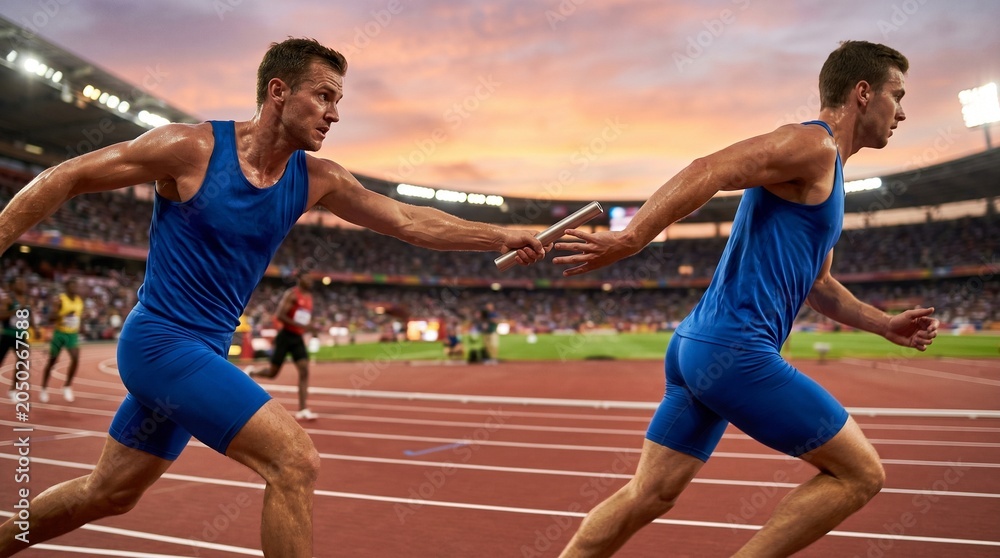 Obraz premium Athlete passing baton during relay race on Olympic track at sunset teamwork speed coordination performance sports concept.